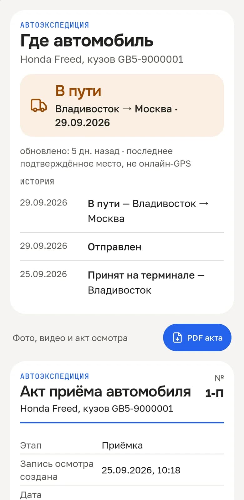 Страница осмотра: Honda Freed в пути, история отметок и акт приёма автомобиля